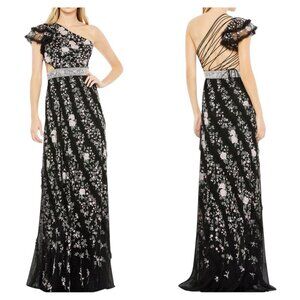 Mac Duggal 70160 Black Floral One Shoulder Embroidered Gown Size 8